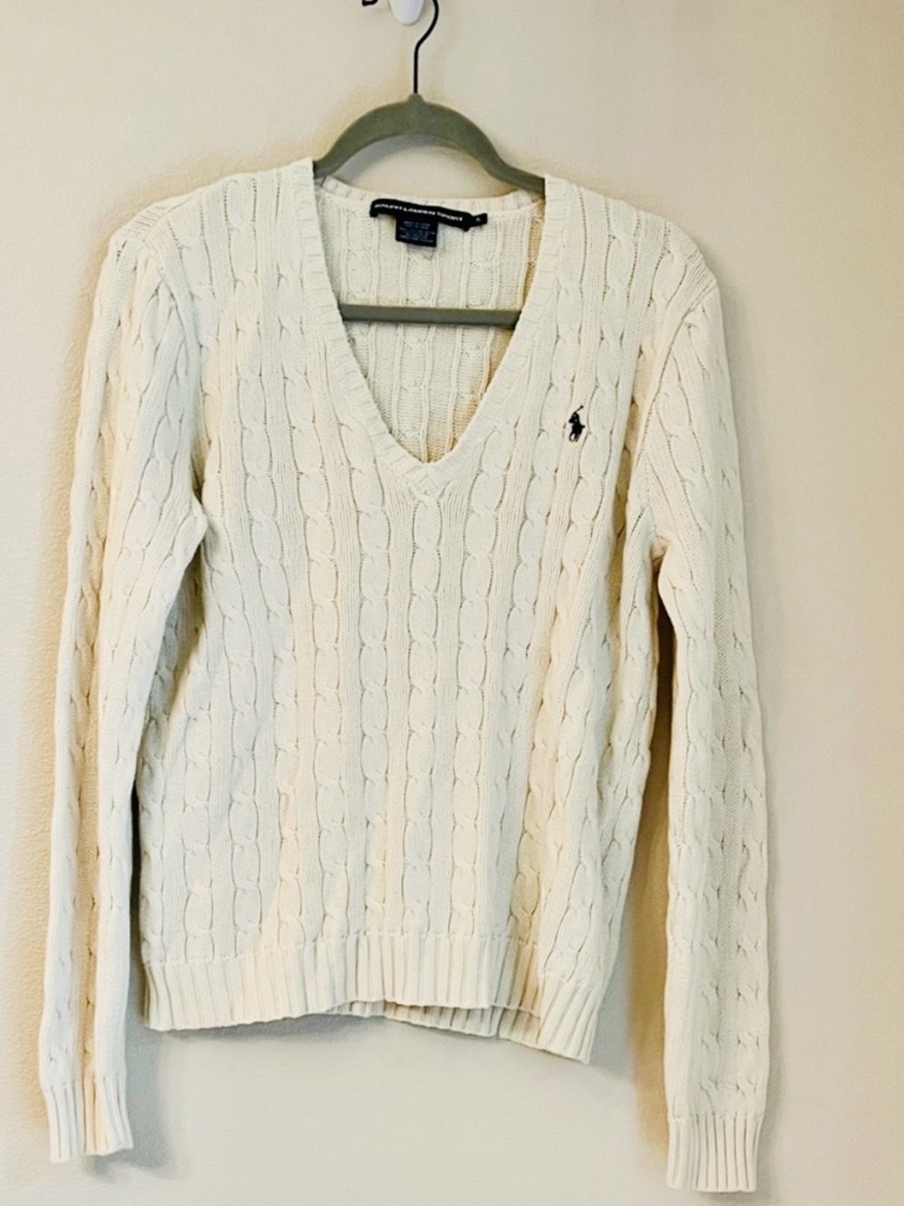 Ralph Lauren Sport V-Neck Cable Knit Sweater in cream size XL